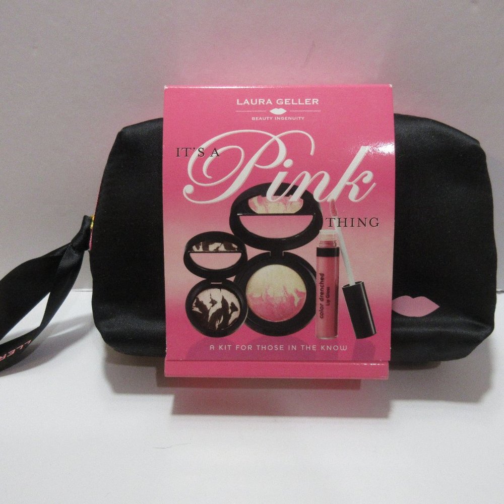 Laura Geller PINK Blush Eyeshadow & Lip Gloss Set with Cosmetic Makeup Bag